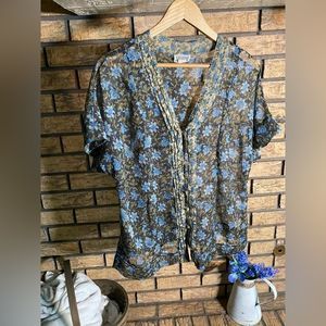 Floral Sheer Blouse - Blue and Brown